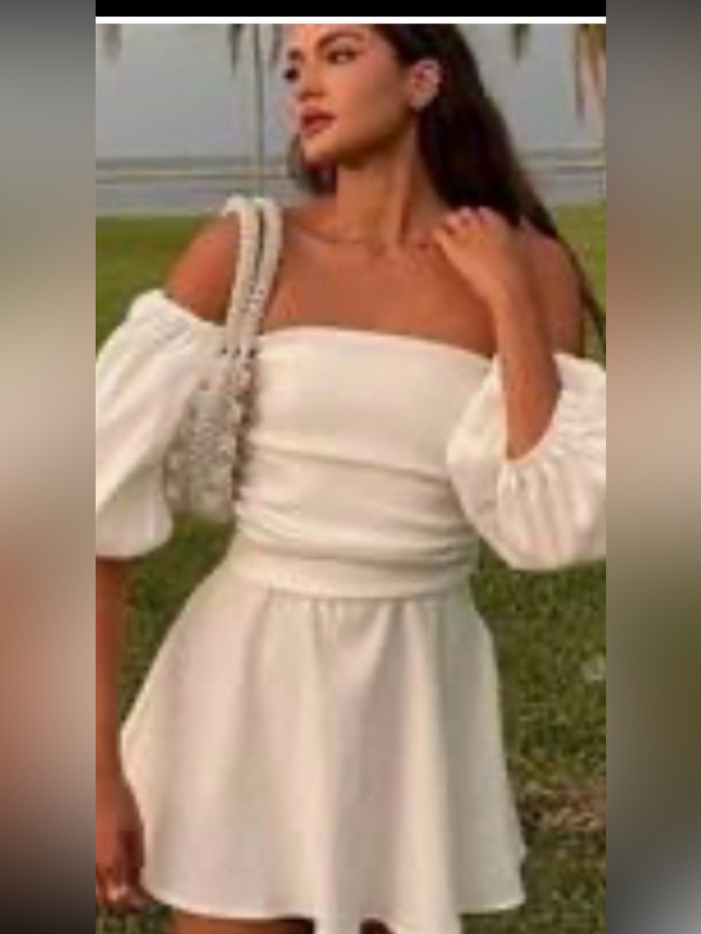 Zara off-the-shoulder white mini dress W/ draped bust Voluminous Sleeves S